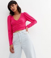 New Look Bright Pink Knit Ruched Long Sleeve Top